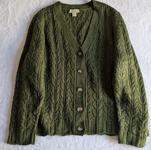 Appleseeds Quality Petite Large V-neck Cardigan Donegal Braided Green Wool Blend - Picture 3 of 13